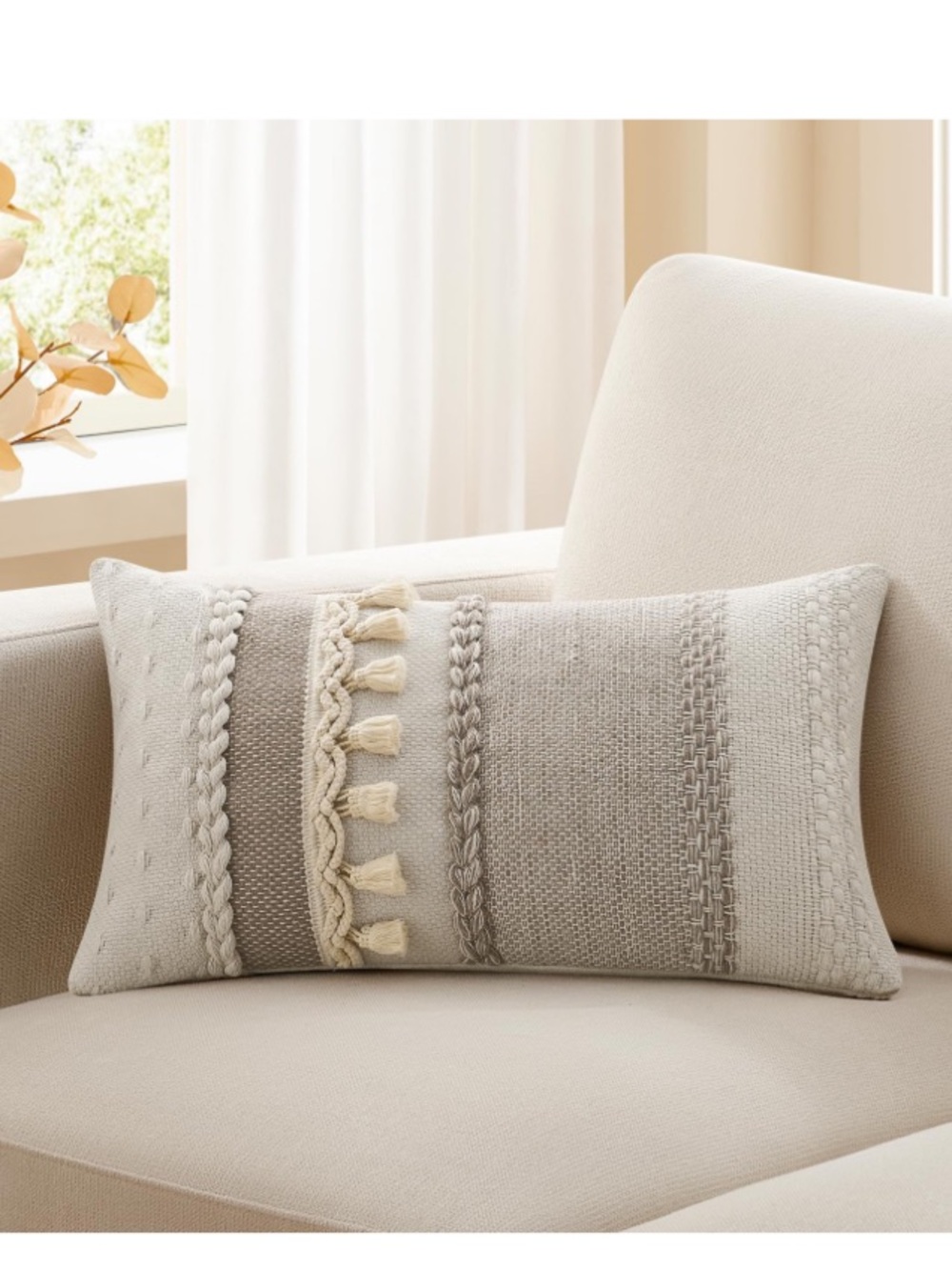 Boho Tufted Lumbar Pillow Cover with Tassel Accent 100% Cotton 14x20” KHAKI